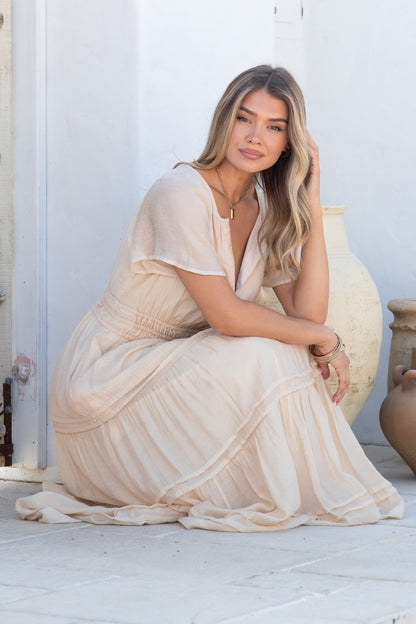Payton Maxi Dress - Pleat Detailed A-Line Dress with Cap Flutter Sleeves in Beige