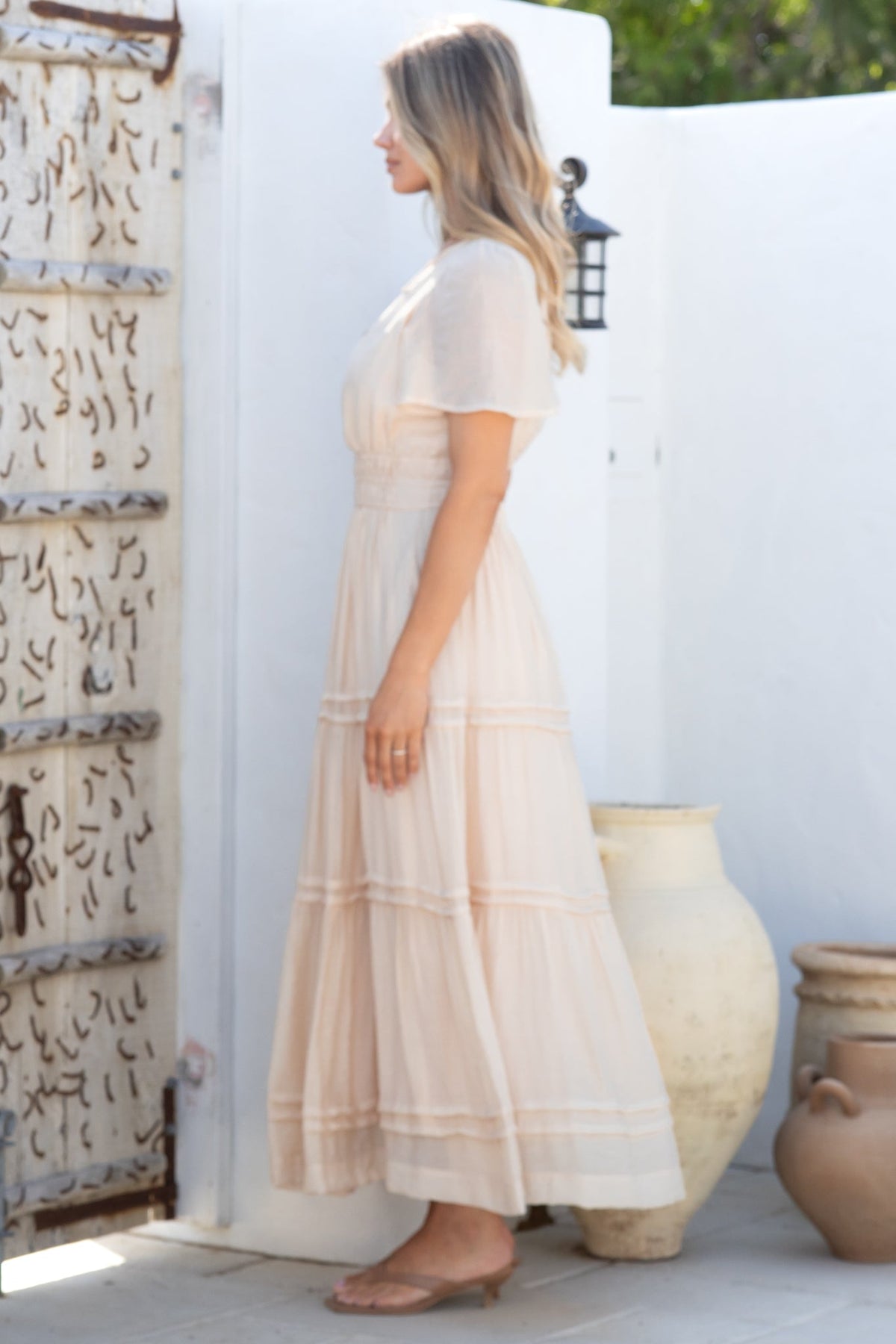 Payton Maxi Dress - Pleat Detailed A-Line Dress with Cap Flutter Sleeves in Beige