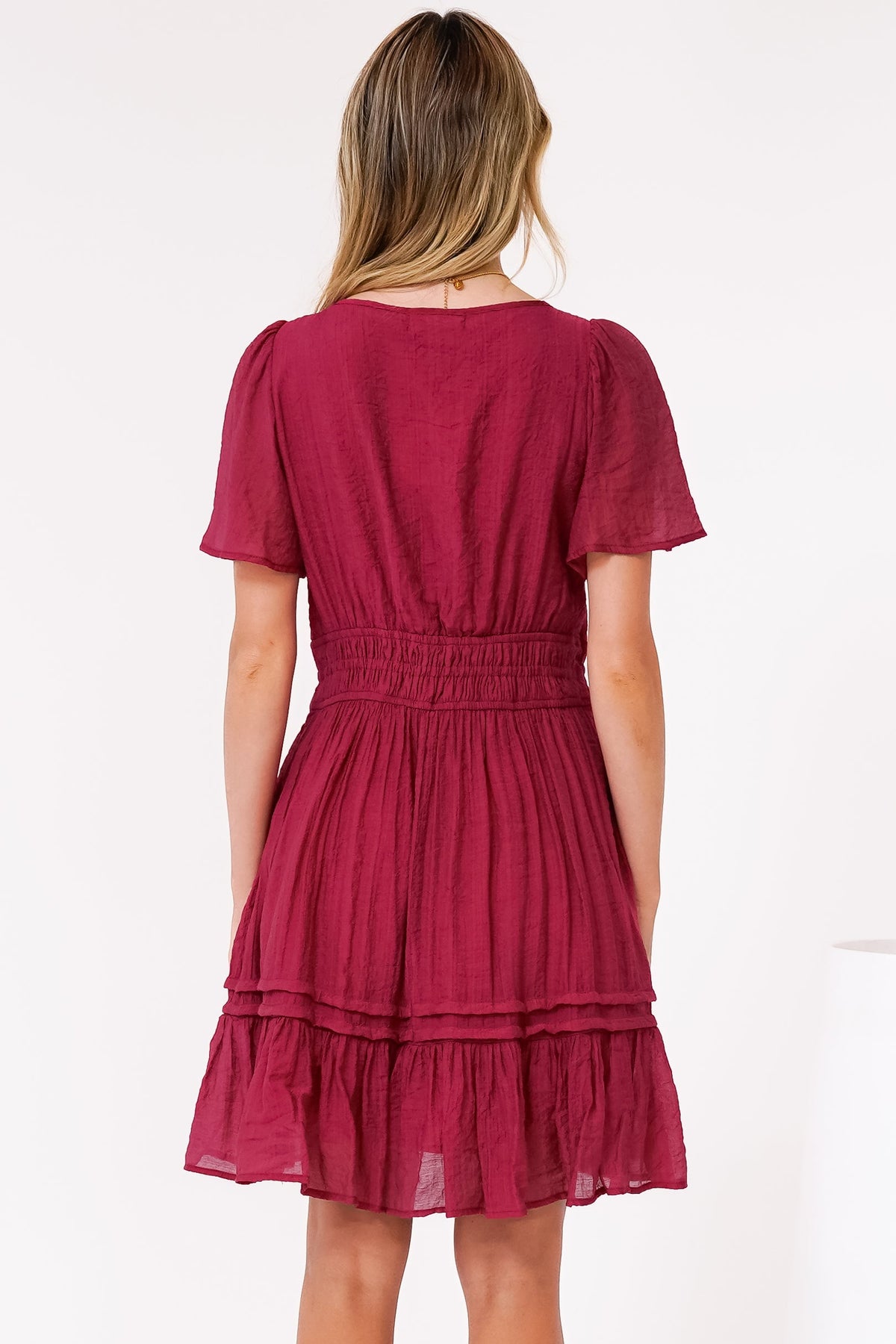 Payton Mini Dress - Pleat Detailed A-Line Dress with Cap Flutter Sleeves in Cherry Red