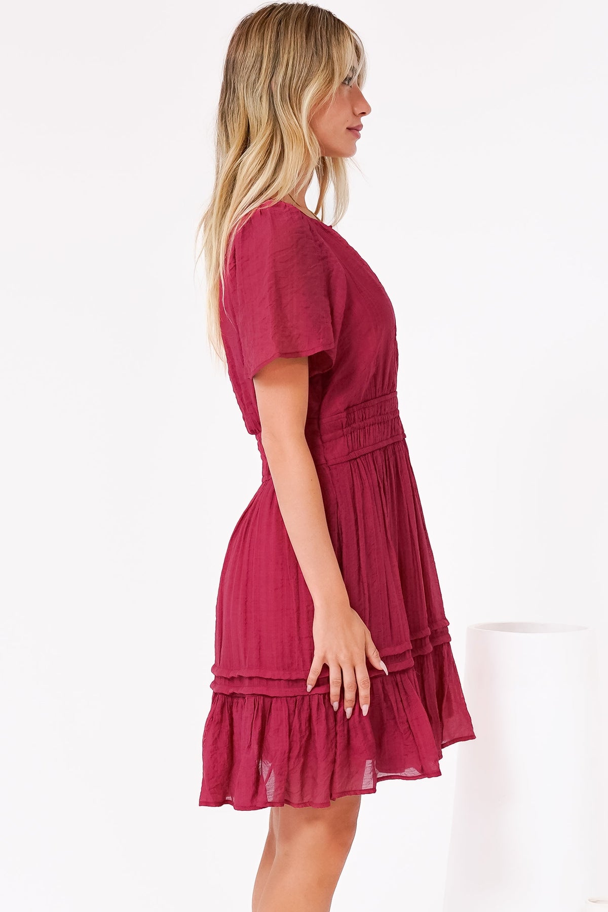 Payton Mini Dress - Pleat Detailed A-Line Dress with Cap Flutter Sleeves in Cherry Red