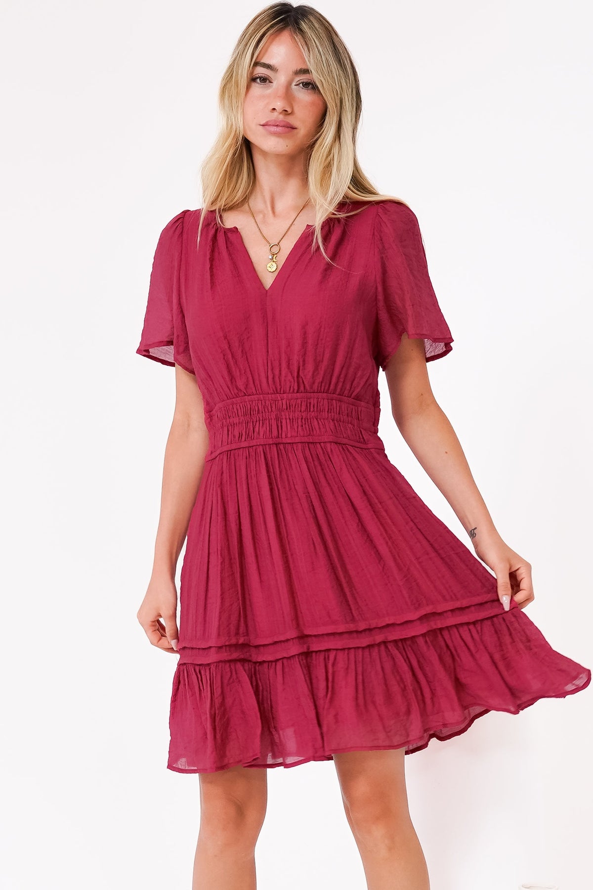 Payton Mini Dress - Pleat Detailed A-Line Dress with Cap Flutter Sleeves in Cherry Red