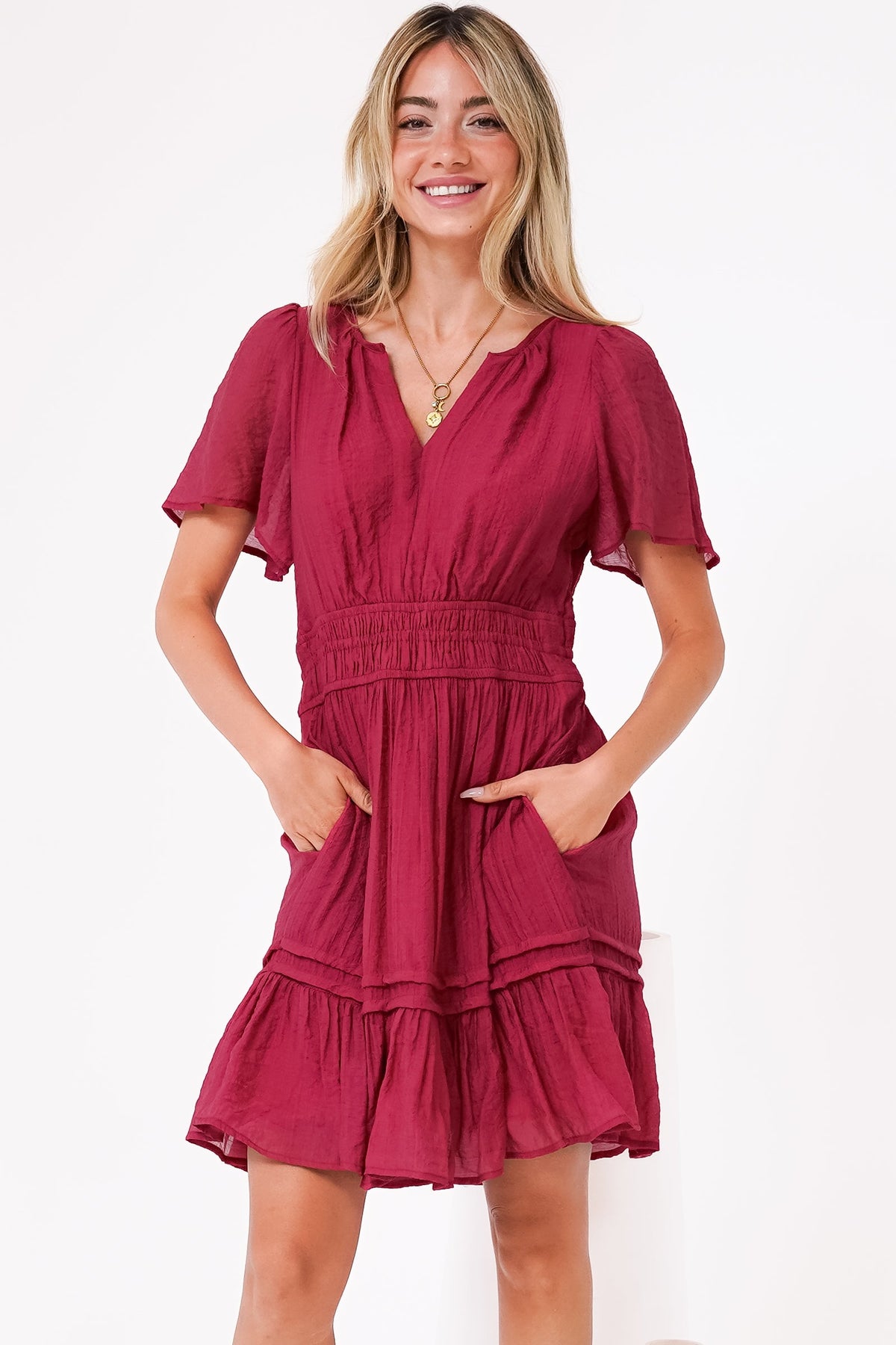 Payton Mini Dress - Pleat Detailed A-Line Dress with Cap Flutter Sleeves in Cherry Red