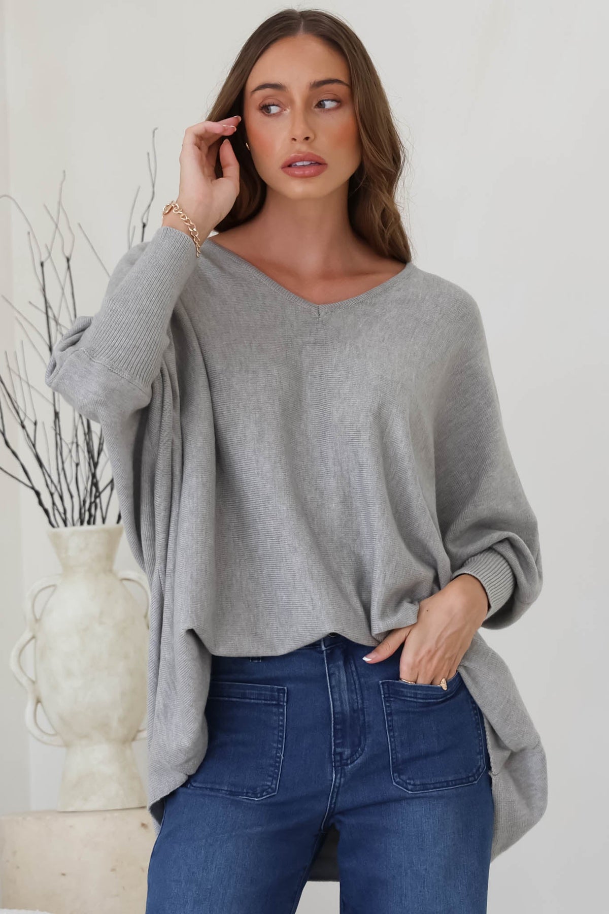 Pier Jumper - Oversized Batwing Knit Jumper in Grey