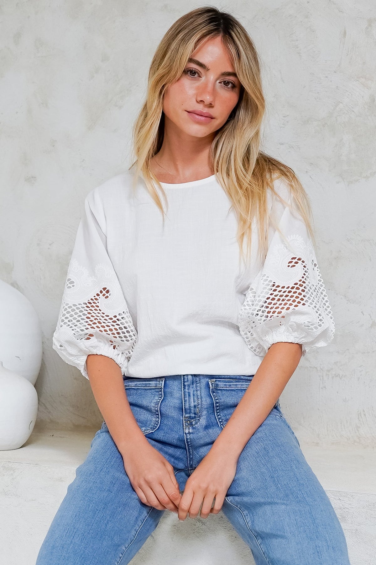 Polly Top - Round Neck Relaxed Top with Cut Out Detailed Balloon Sleeves in White