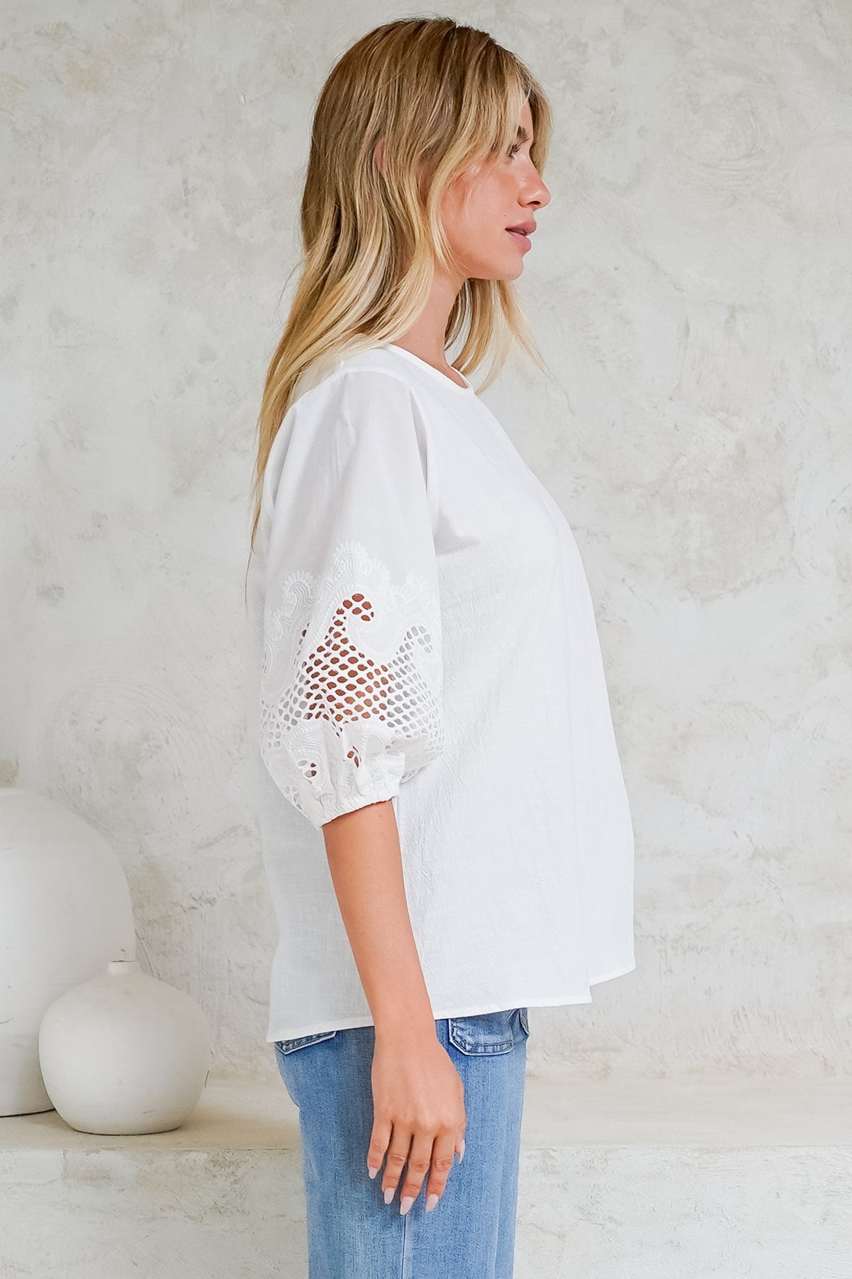 Polly Top - Round Neck Relaxed Top with Cut Out Detailed Balloon Sleeves in White