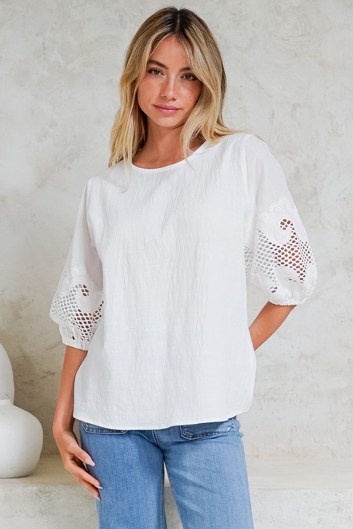 Polly Top - Round Neck Relaxed Top with Cut Out Detailed Balloon Sleeves in White