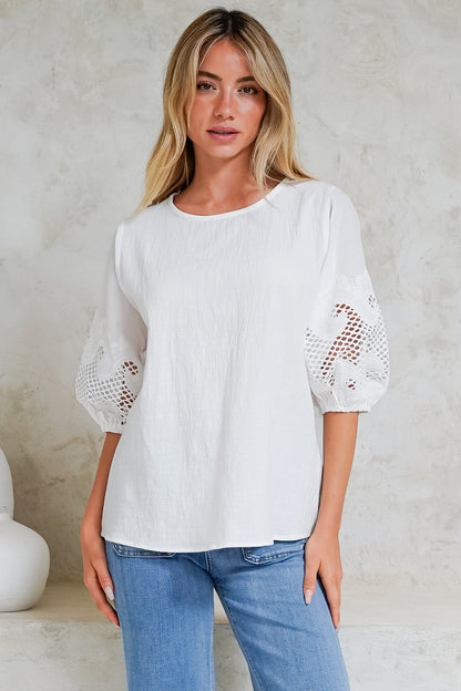 Polly Top - Round Neck Relaxed Top with Cut Out Detailed Balloon Sleeves in White