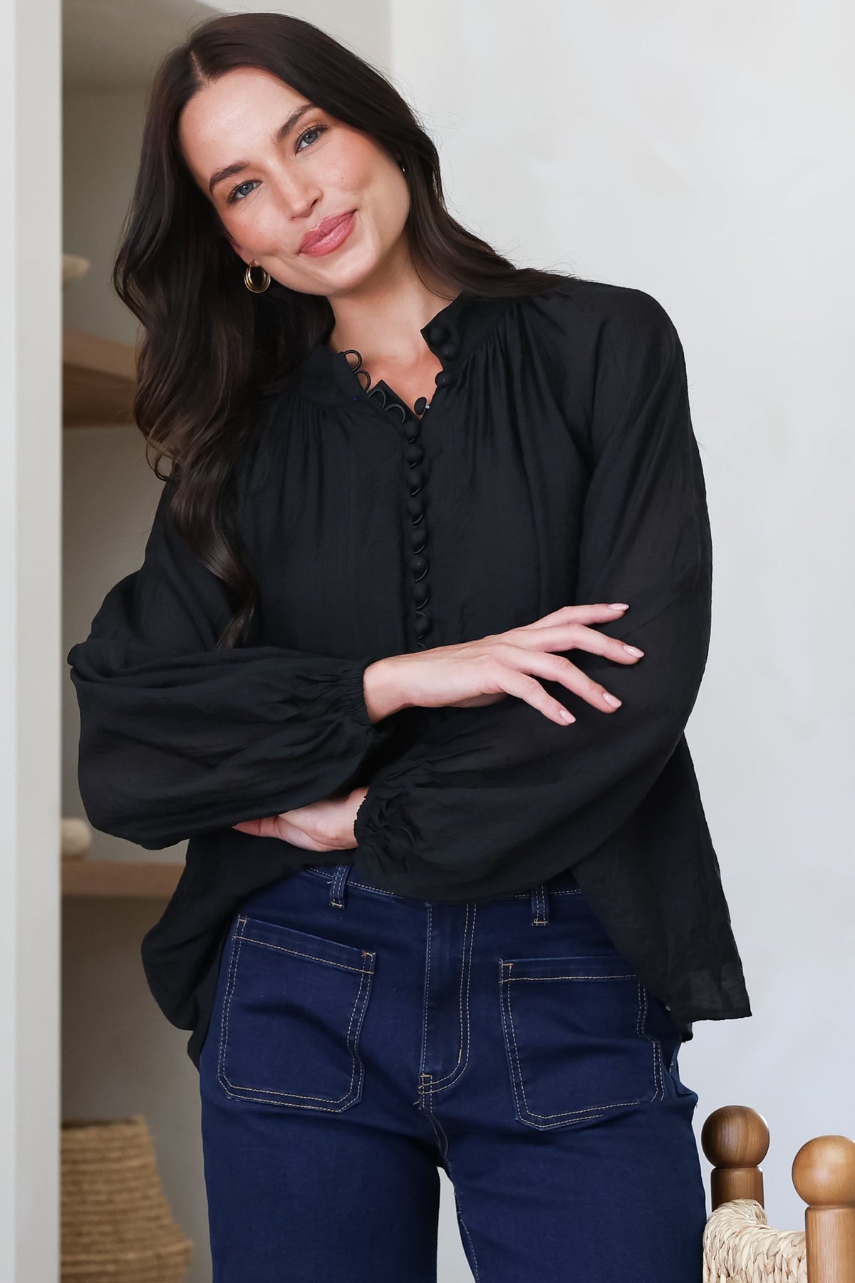 Portia Blouse - Button Down Mandarin Collar Shirt in Black