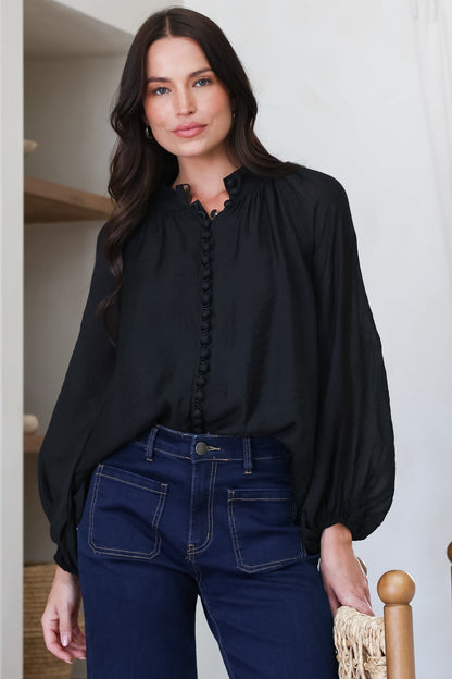 Portia Blouse - Button Down Mandarin Collar Shirt in Black