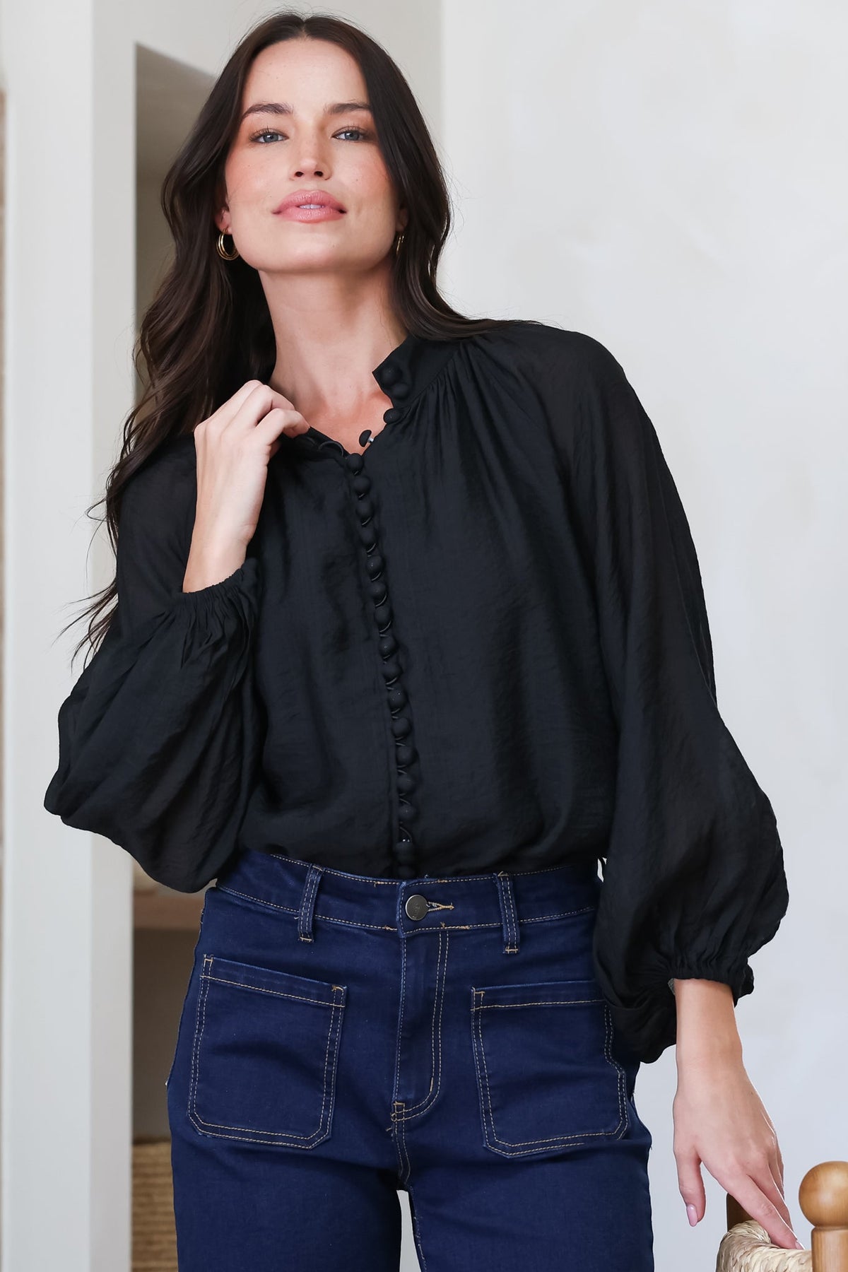 Portia Blouse - Button Down Mandarin Collar Shirt in Black