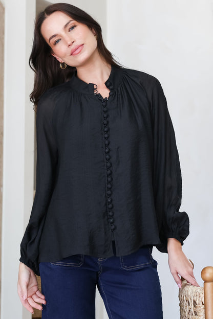 Portia Blouse - Button Down Mandarin Collar Shirt in Black