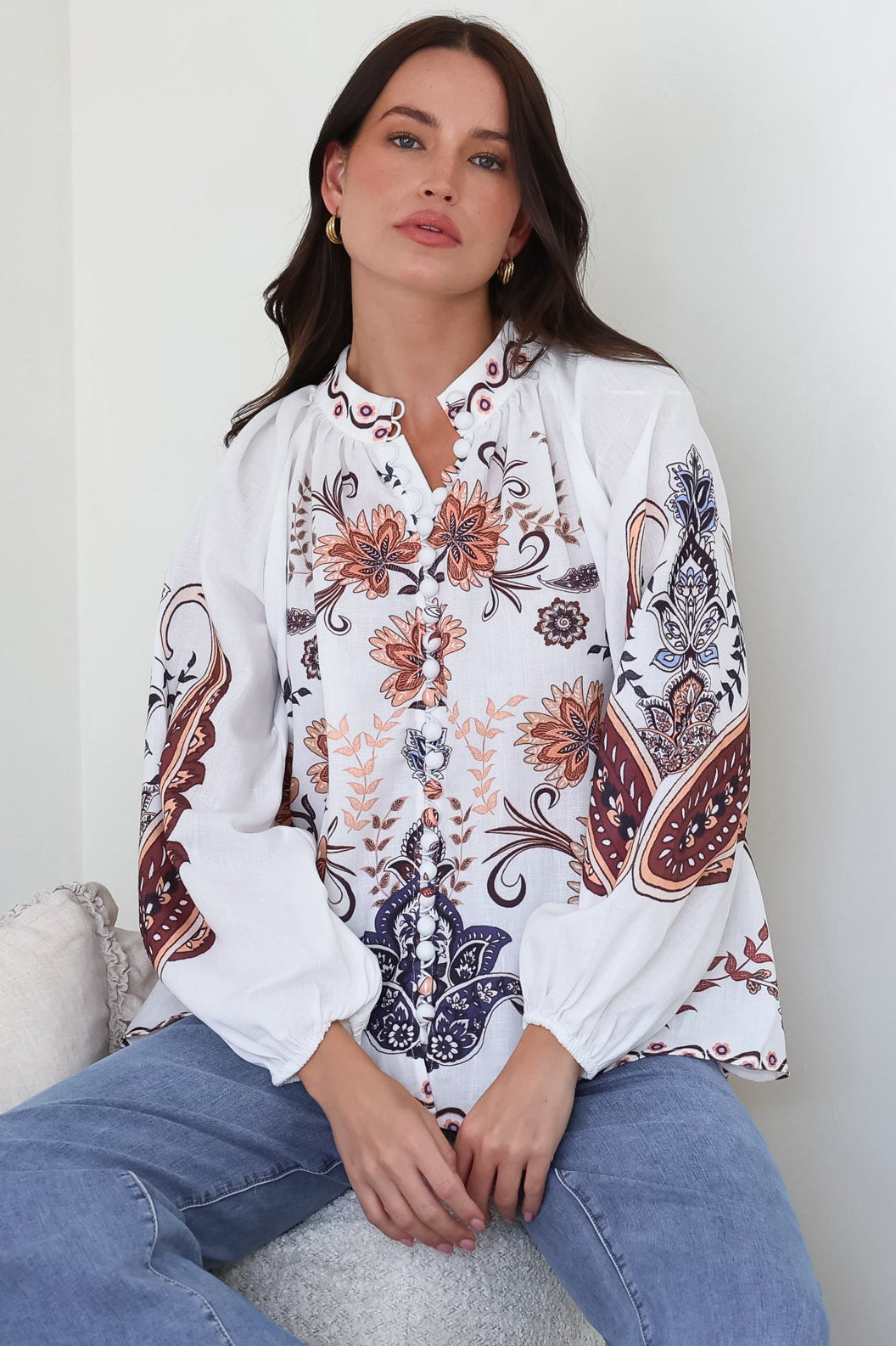 Portia Blouse - Button Down Mandarin Collar Shirt in Magah Print