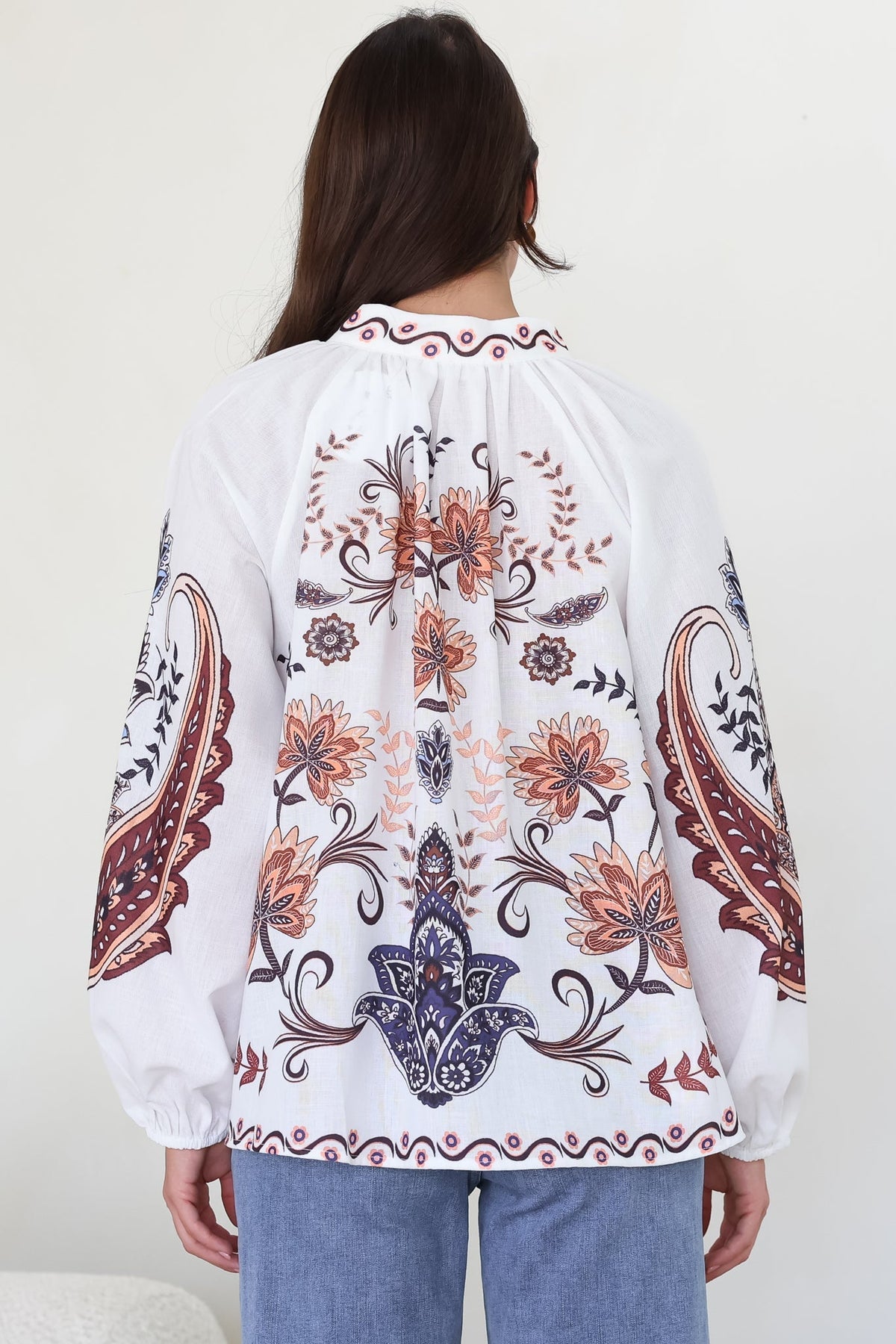 Portia Blouse - Button Down Mandarin Collar Shirt in Magah Print