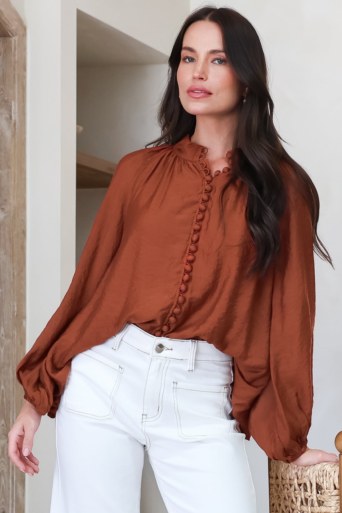 Portia Blouse - Button Down Mandarin Collar Shirt in Rust