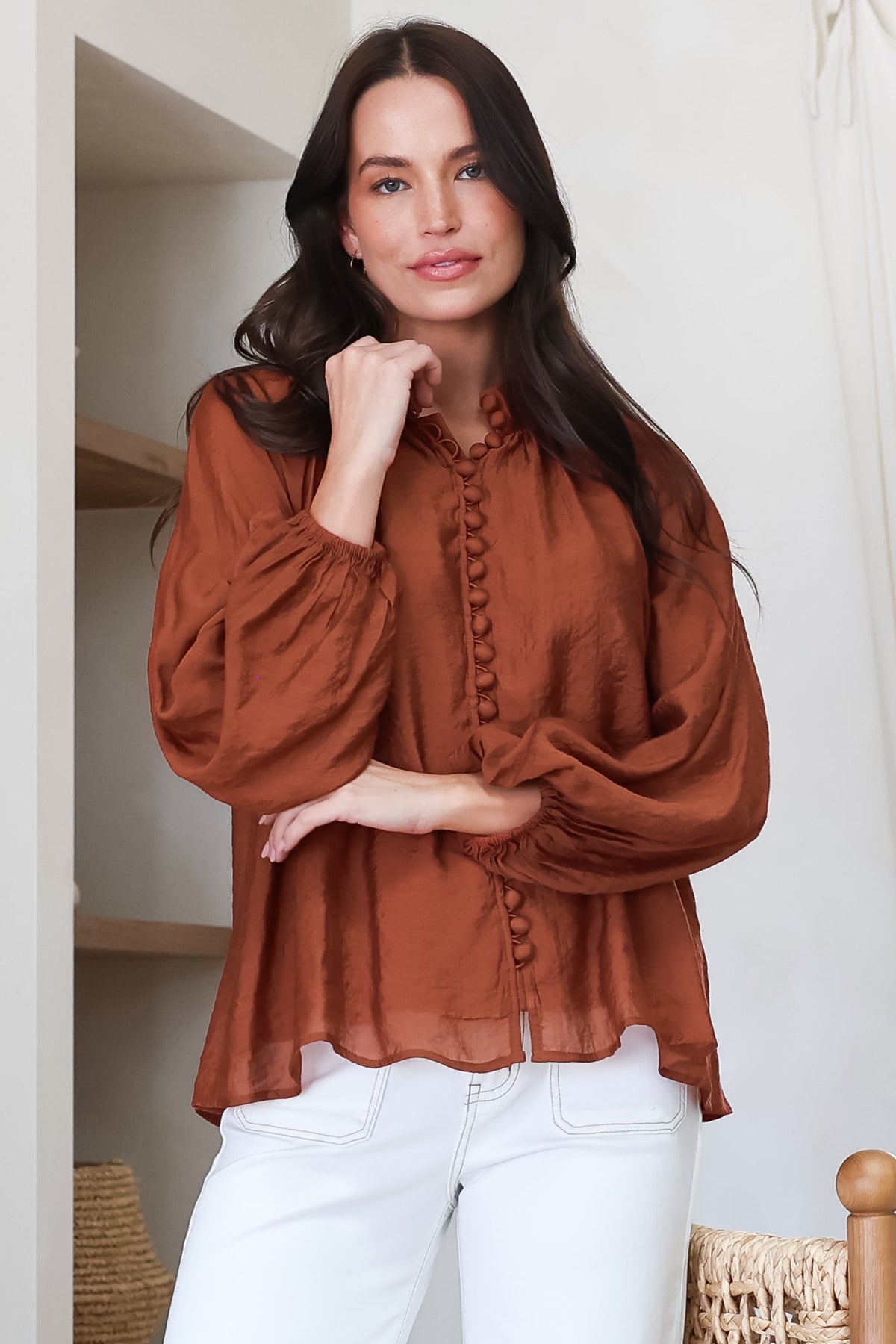 Portia Blouse - Button Down Mandarin Collar Shirt in Rust