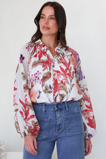 Portia Blouse - Button Down Mandarin Collar Shirt in Windward Print