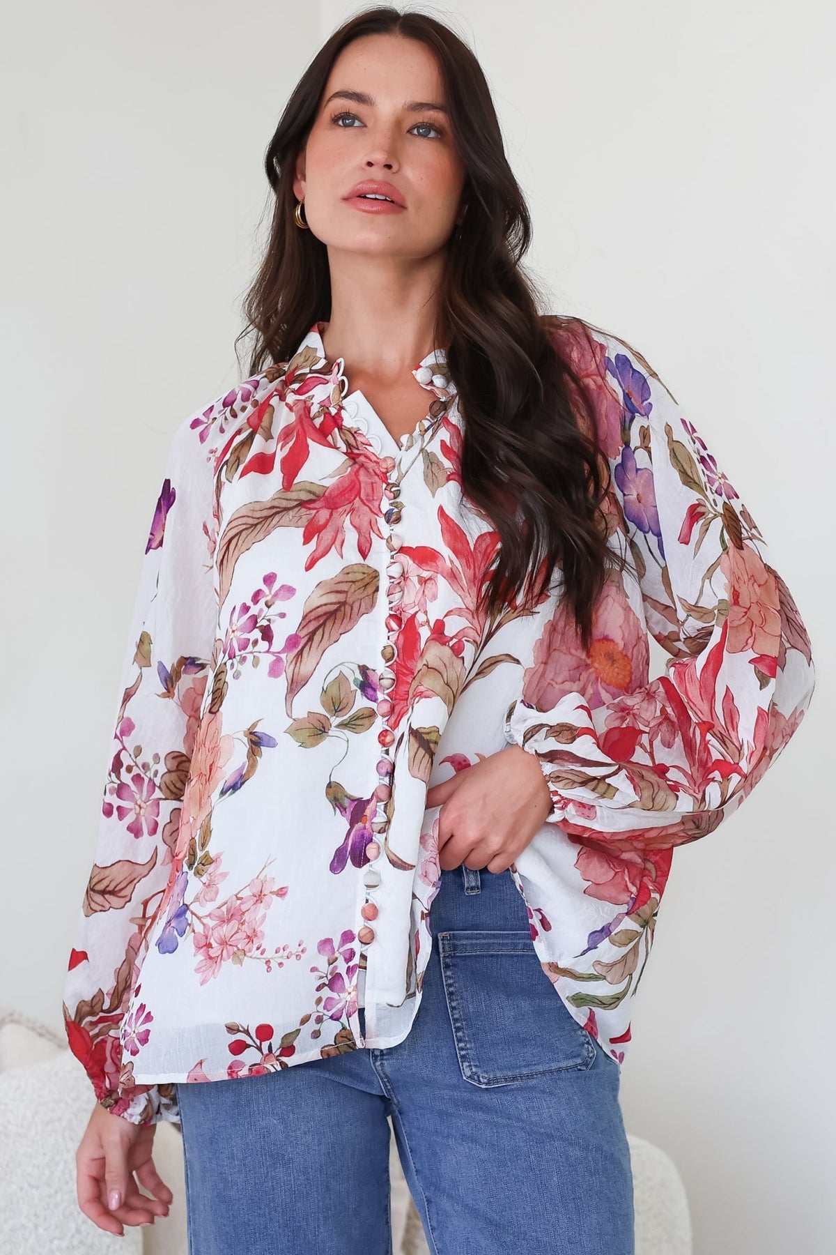 Portia Blouse - Button Down Mandarin Collar Shirt in Windward Print