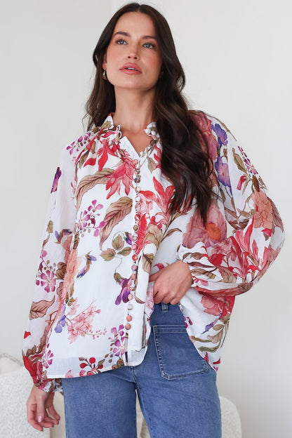 Portia Blouse - Button Down Mandarin Collar Shirt in Windward Print
