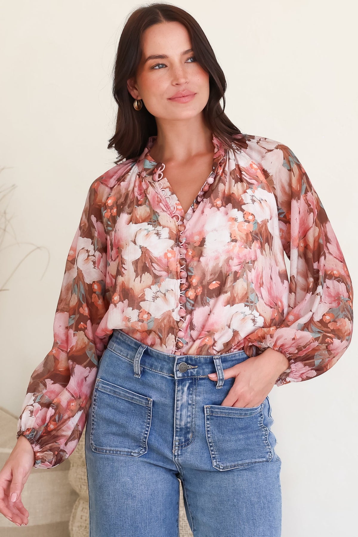 Portia Blouse - Button Down Mandarin Collar Shirt in Serafina Print