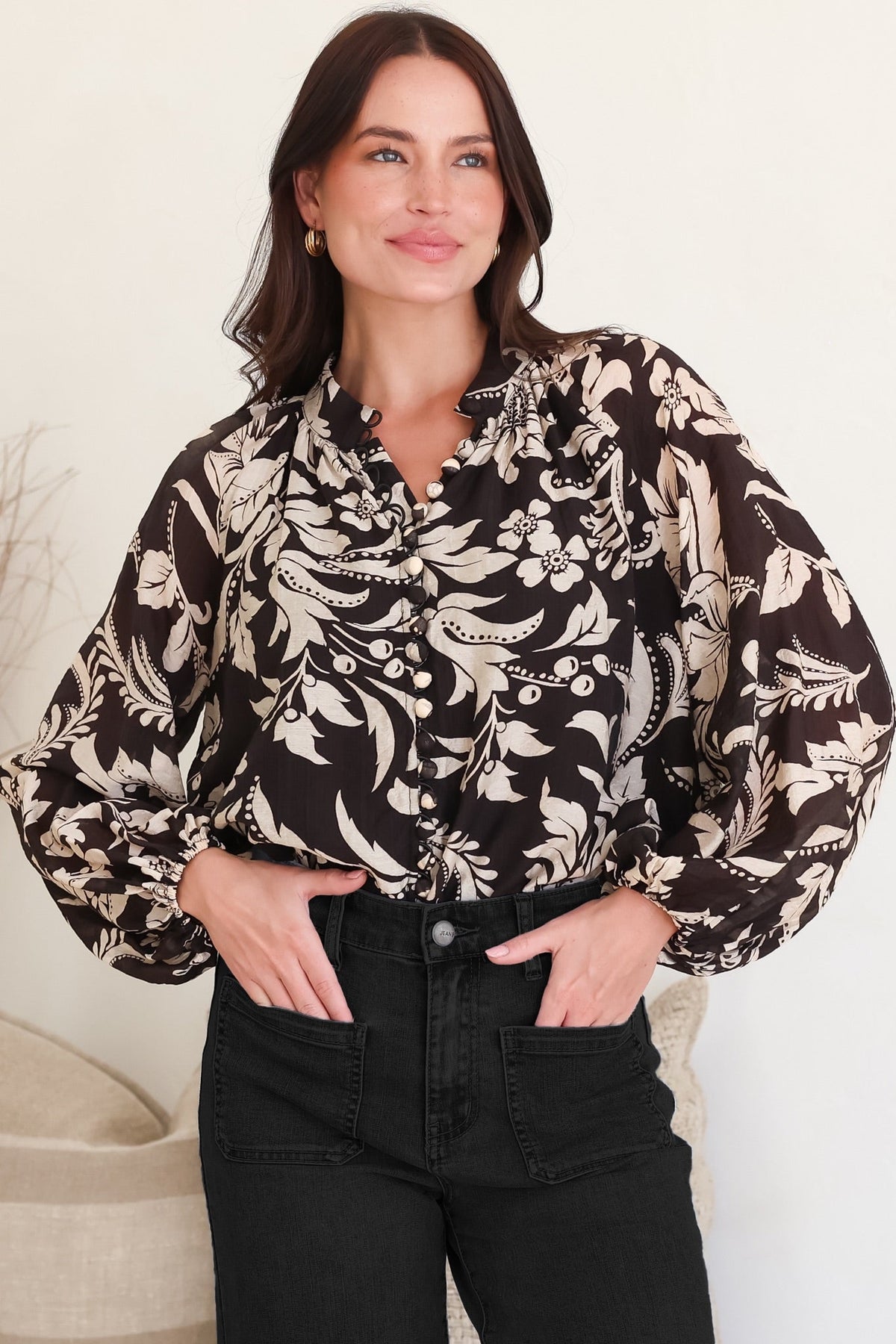 Portia Blouse - Button Down Mandarin Collar Shirt in Vendetta Print