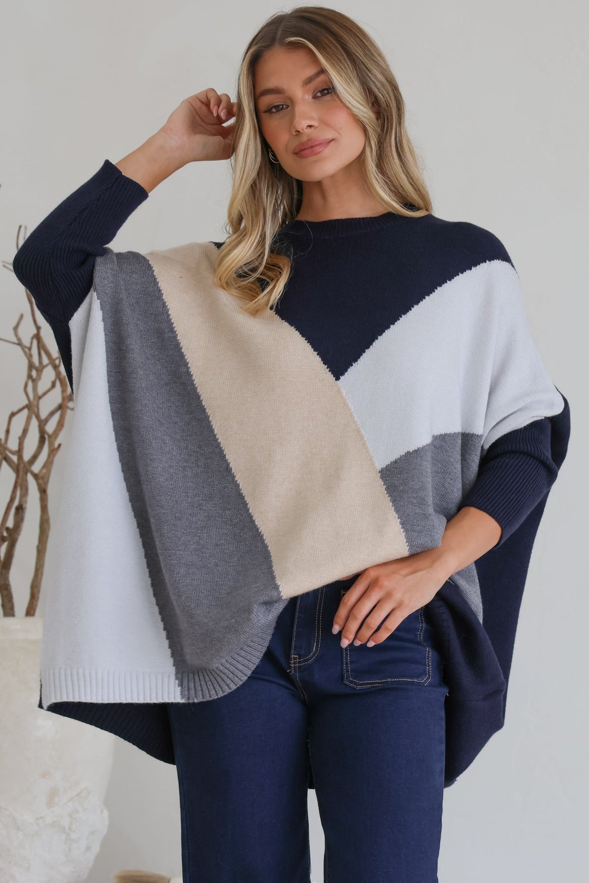 Reed Jumper - Colour Block Batwing Long Sleeve Knit in Navy