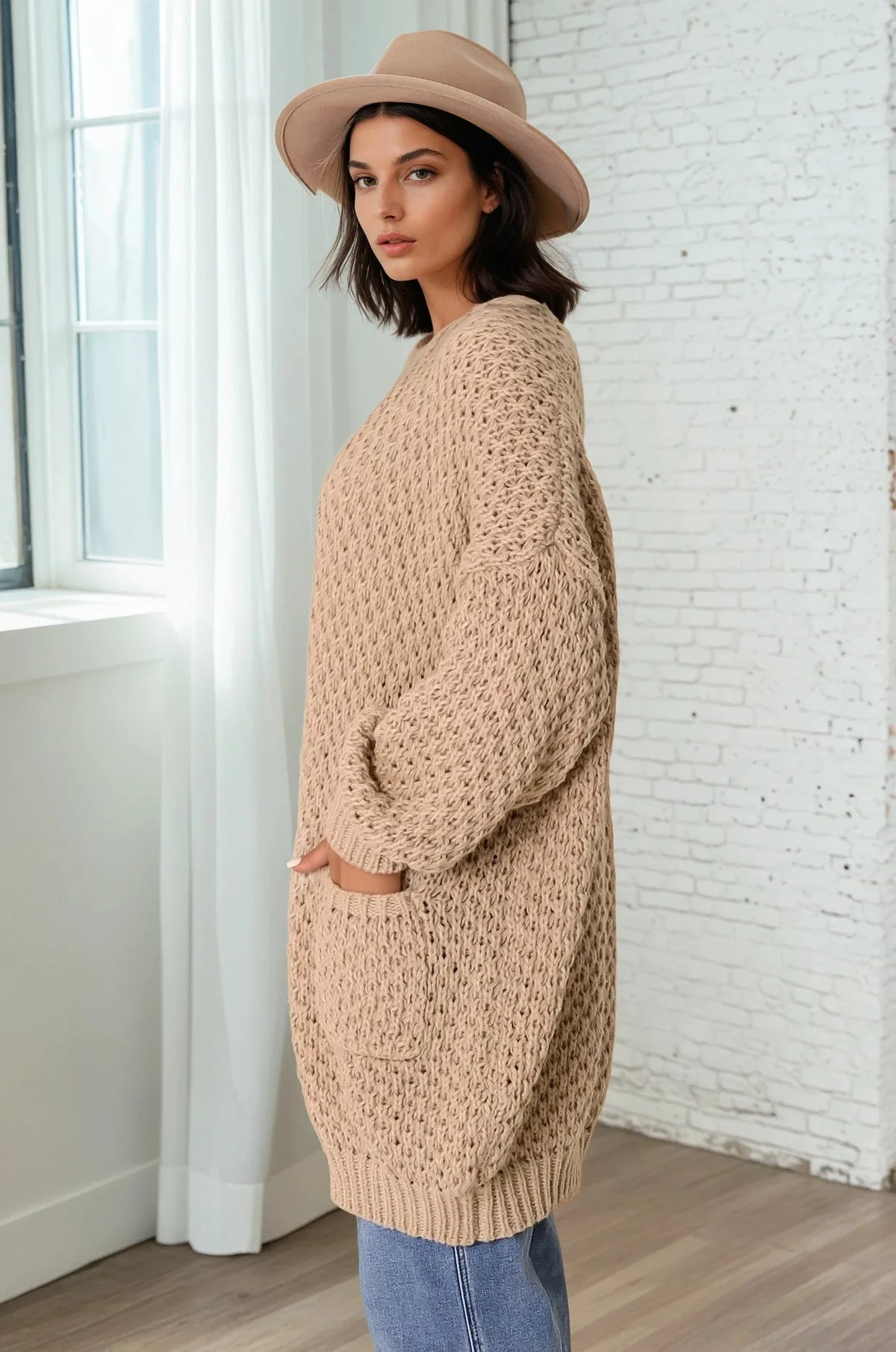 Ricki Cardigan - Open Front Chunky Knit Cardigan in Camel