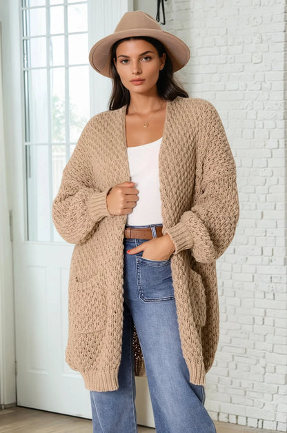 Ricki Cardigan - Open Front Chunky Knit Cardigan in Camel