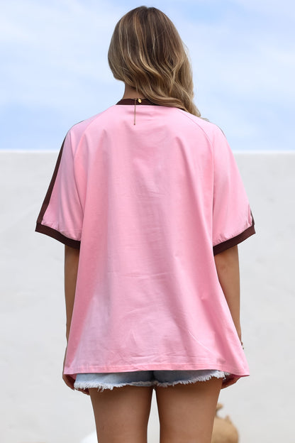 Ride Or Die Tee - Graphic Print Short Sleeve T-Shirt with Racer Stripe Sleeves in Pink