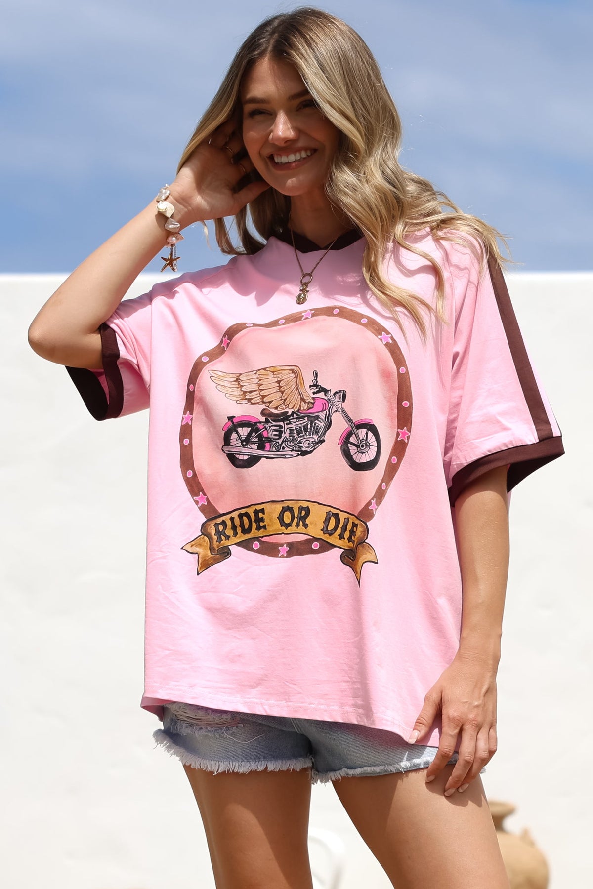 Ride Or Die Tee - Graphic Print Short Sleeve T-Shirt with Racer Stripe Sleeves in Pink