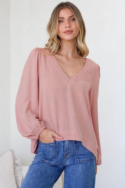 Ritual Top - V-Neck High Low Pull Over with Long Balloon Sleeves in Dusty Pink