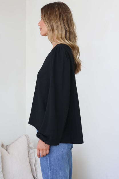 Ritual Top - V-Neck High Low Pull Over with Long Balloon Sleeves in Black