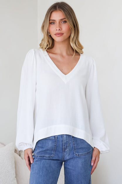 Ritual Top - V-Neck High Low Pull Over with Long Balloon Sleeves in White