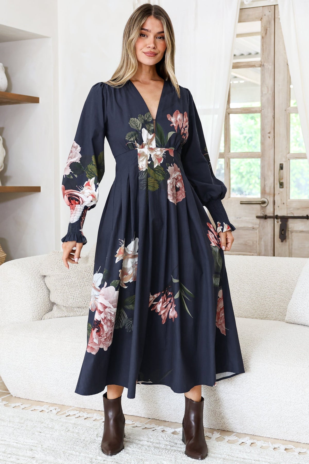 Romaine Midi Dress - V Neck Balloon Sleeve Dress with Shirred Elasticated Cuffs in Mika Print Navy