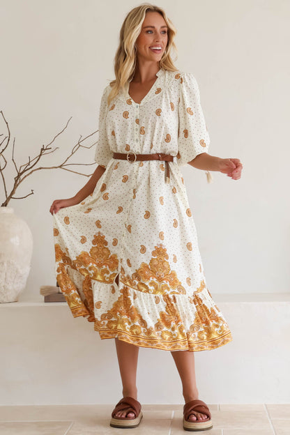 JAASE - Rosalie Maxi Dress: Mandarin Collar Button Down Dress in Sundown Print