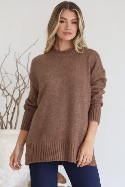 Sammy Jumper - Crew Neck Ribbed Shark Bite Hemline Jumper in Brown