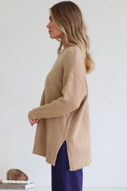 Sammy Jumper - Crew Neck Ribbed Shark Bite Hemline Jumper in Camel