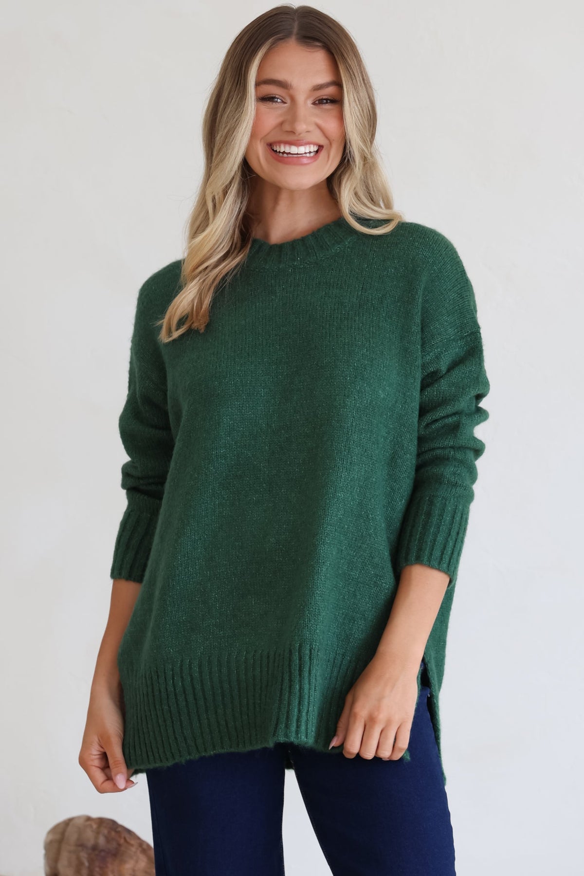 Sammy Jumper - Crew Neck Ribbed Shark Bite Hemline Jumper in Green