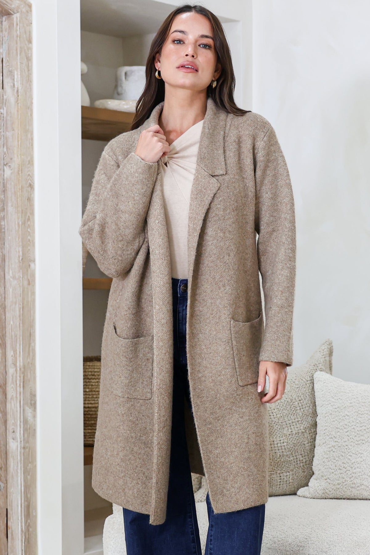 Samson Cardigan - Folded Lapel Collar Coatigan with Pockets in Taupe