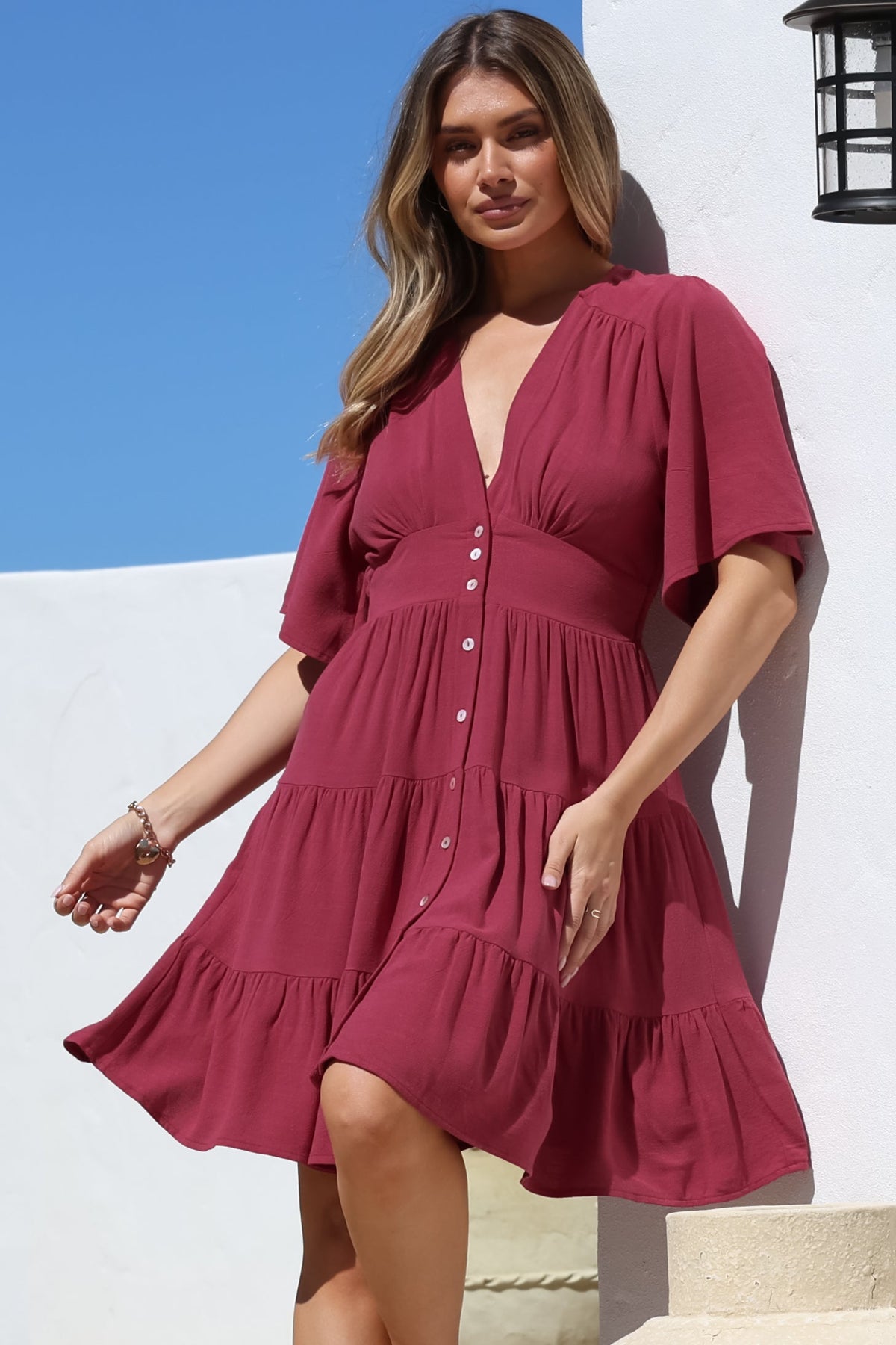 Sana Mini Dress - Bell Sleeve Button Down V Neck Dress in Berry