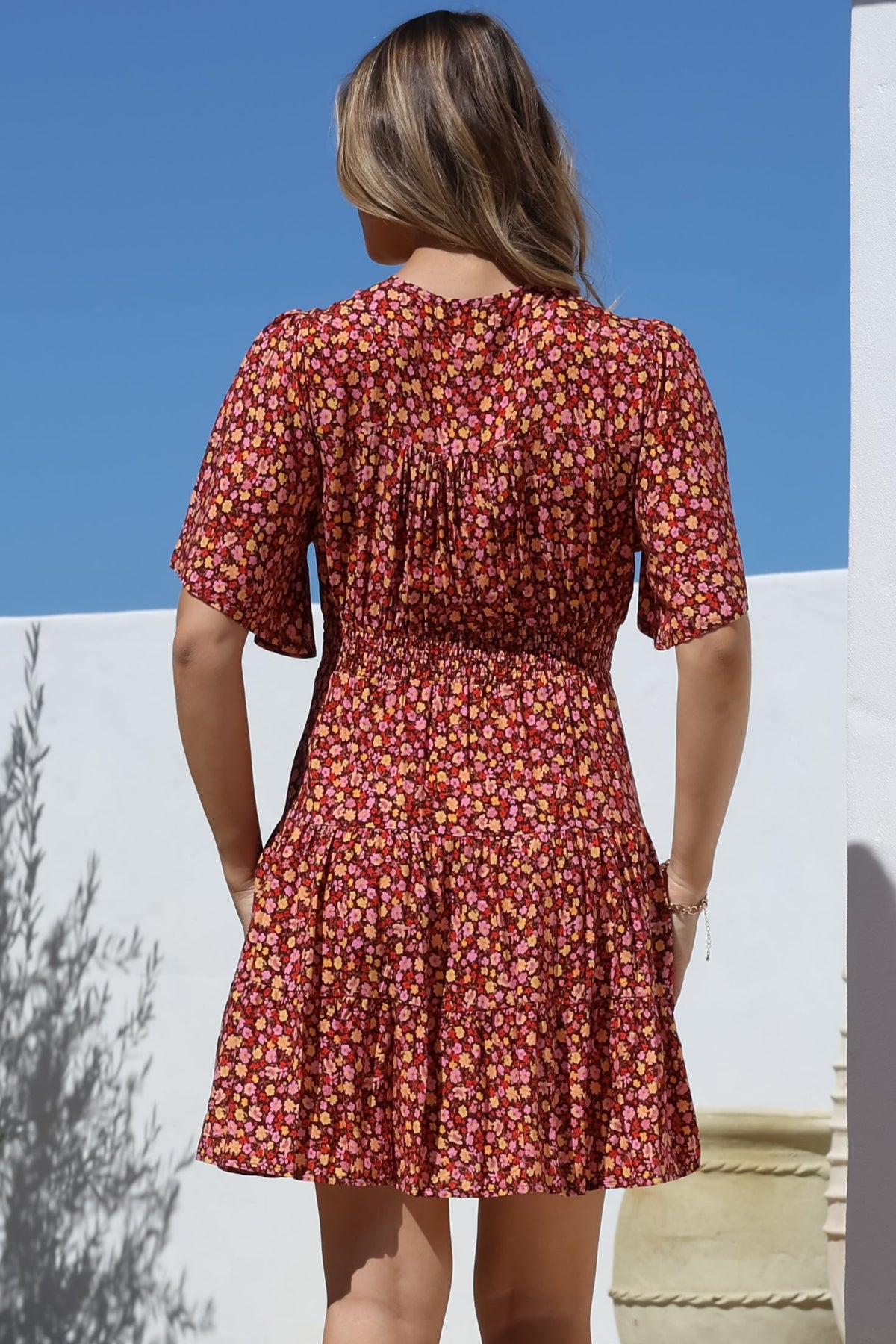 Sana Mini Dress - Bell Sleeve Button Down V Neck Dress in Rosina Print