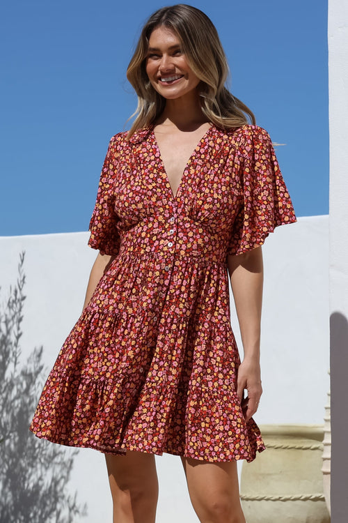 Sana Mini Dress - Bell Sleeve Button Down V Neck Dress in Rosina Print