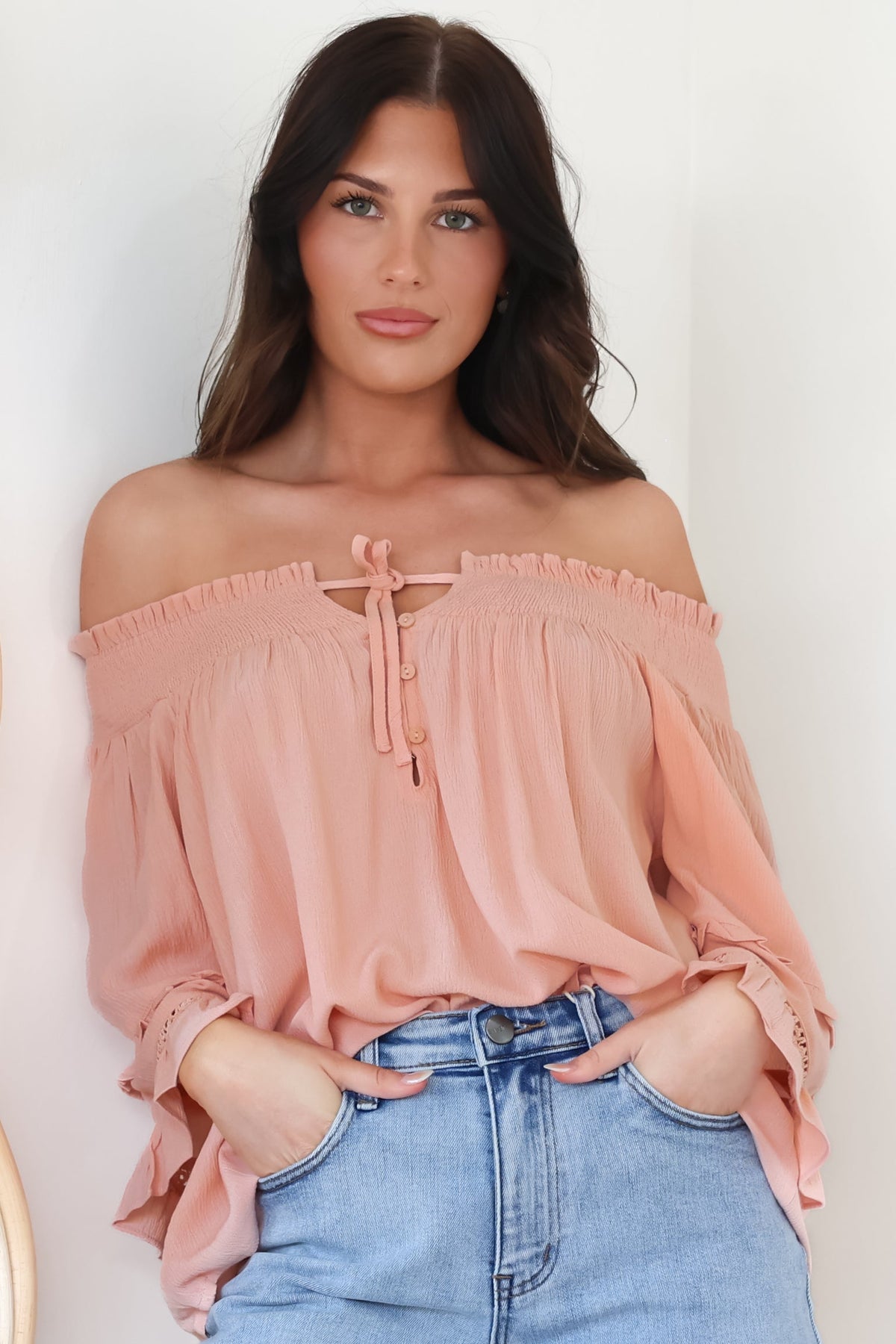 Sarah Top - Off Shoulder Ruffled Sleeve Top in Blush