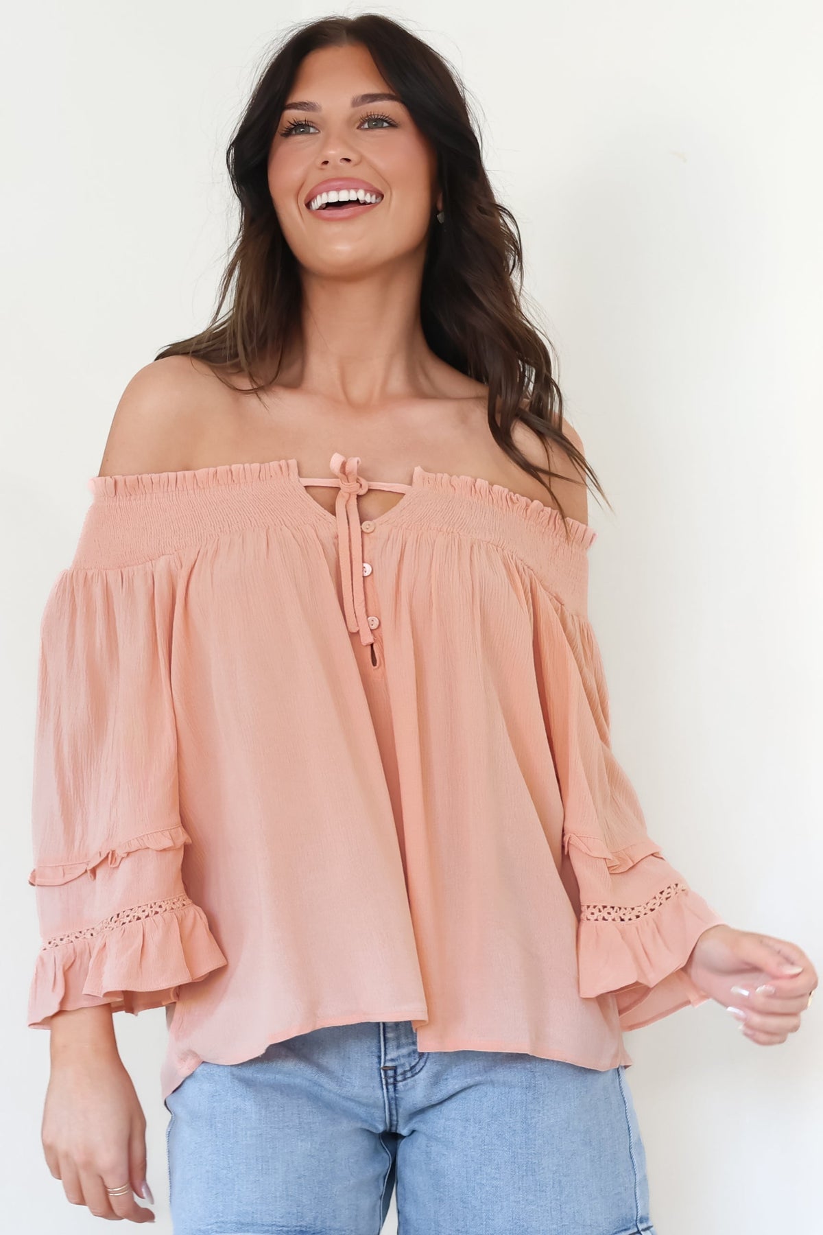 Sarah Top - Off Shoulder Ruffled Sleeve Top in Blush