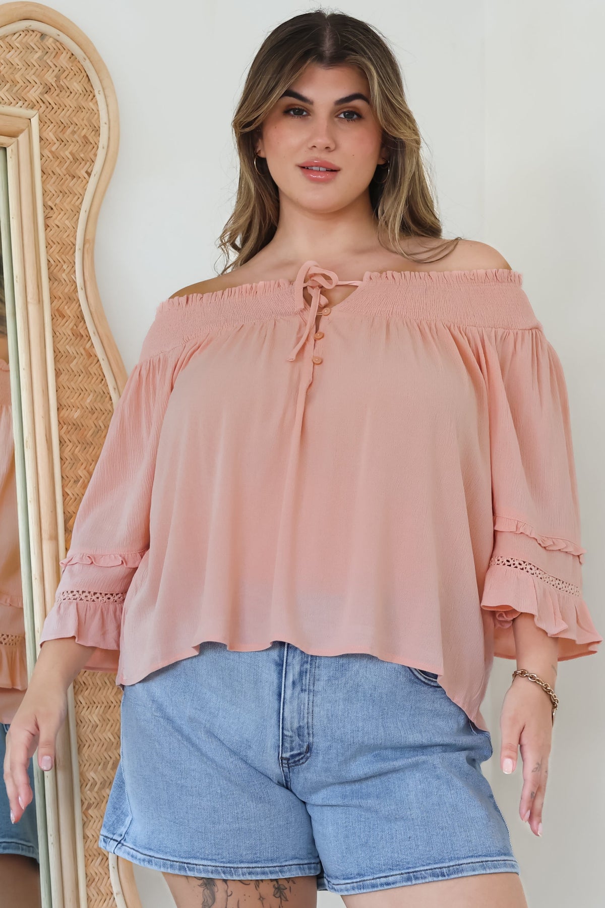 Sarah Top - Off Shoulder Ruffled Sleeve Top in Blush
