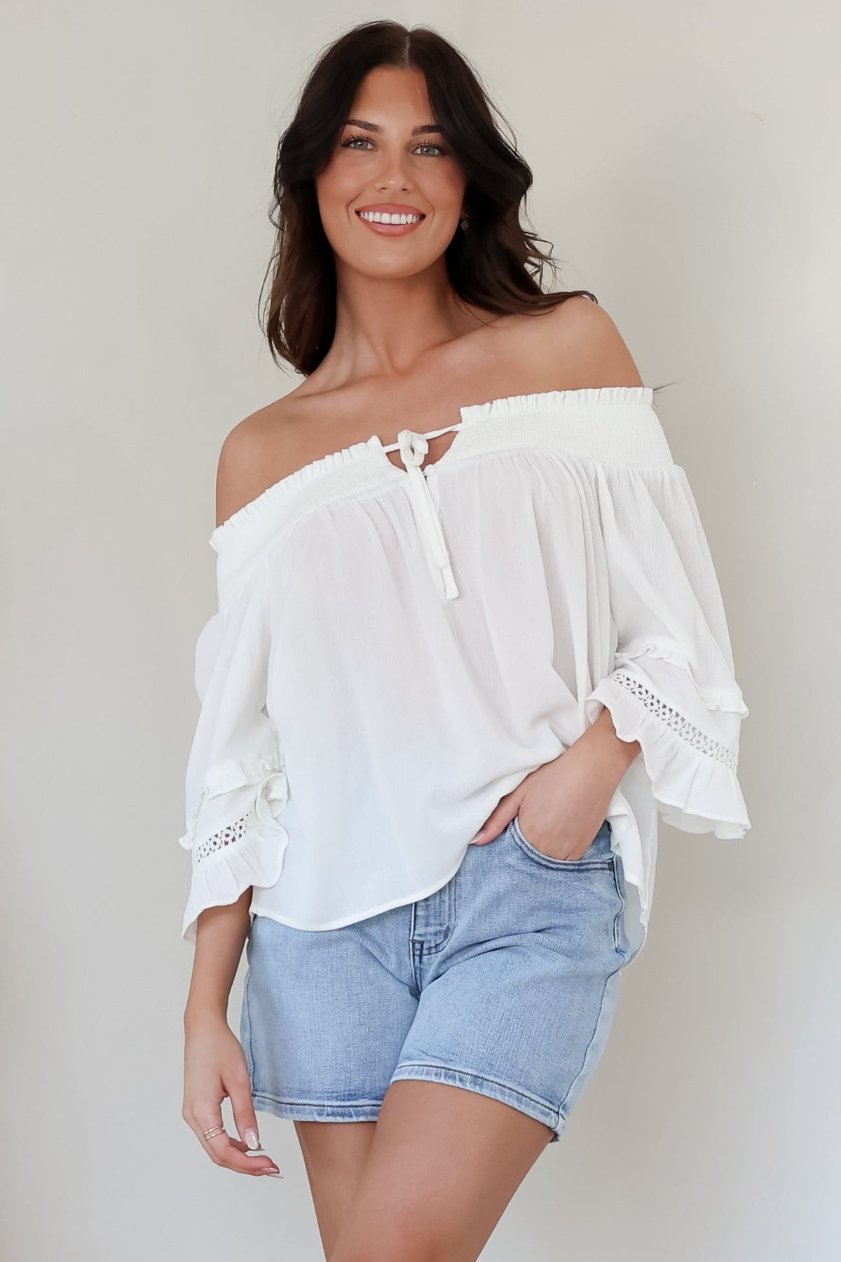 Sarah Top - Off Shoulder Ruffled Sleeve Top in White
