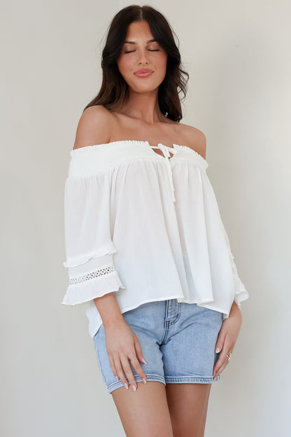 Sarah Top - Off Shoulder Ruffled Sleeve Top in White