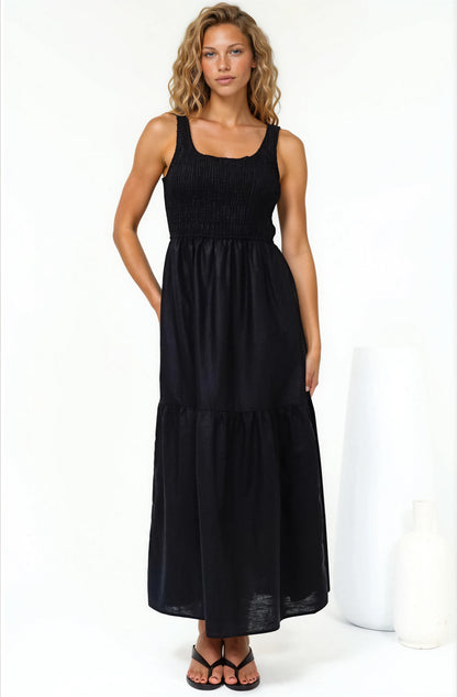 Sarlita Midi Dress - Shirred Bodice Sleeveless Tiered Dress with Pockets in Black