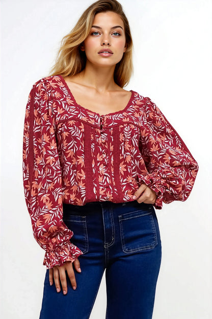 Savvy Blouse - Milkmaid Neckline Lace Trim Button Down in Roux Print