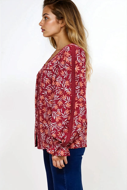 Savvy Blouse - Milkmaid Neckline Lace Trim Button Down in Roux Print