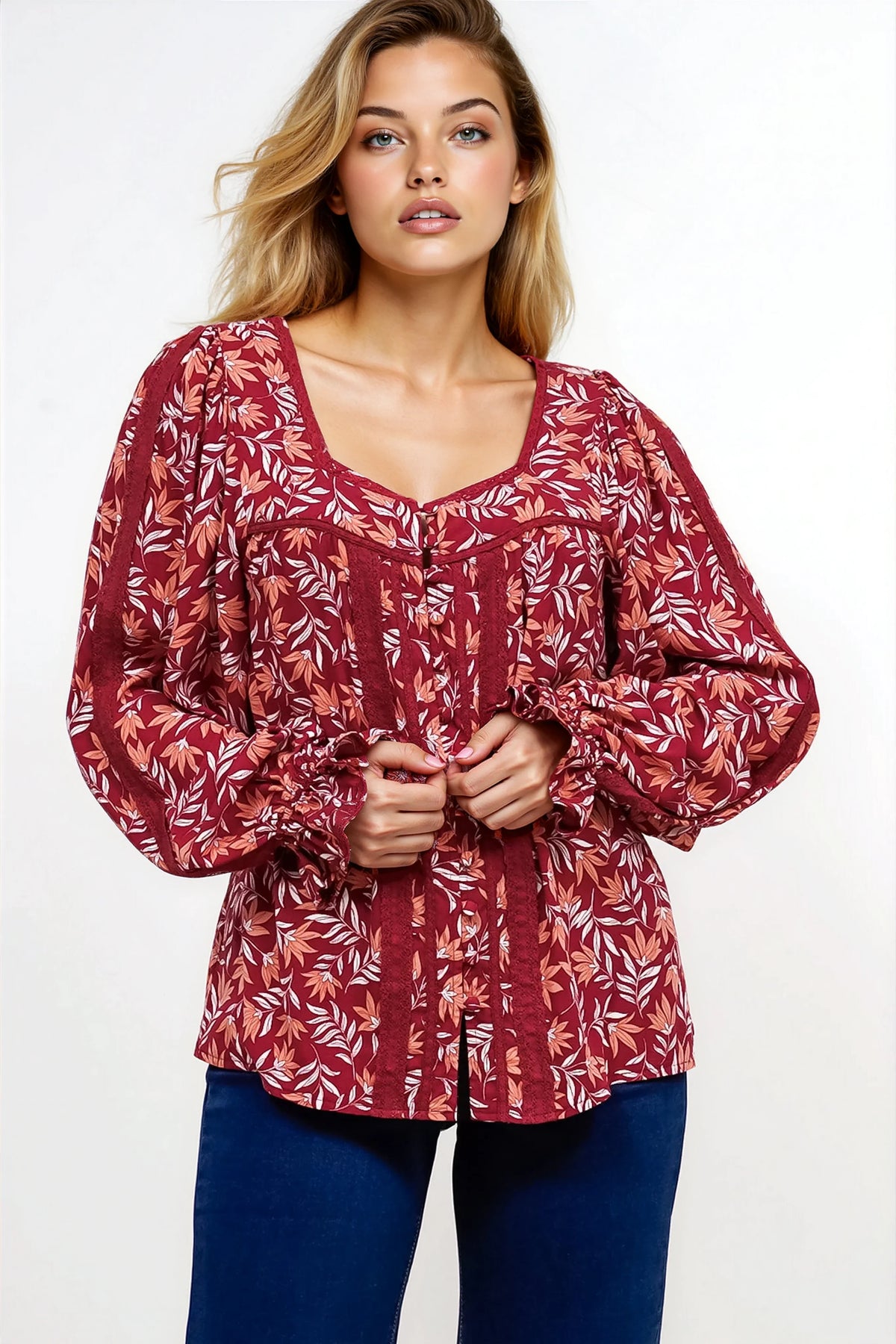 Savvy Blouse - Milkmaid Neckline Lace Trim Button Down in Roux Print